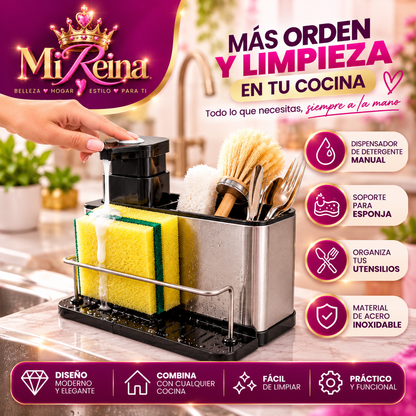 Organizador de Lavaplatos en Acero Inoxidable con Dispensador de Jabón y Porta Esponja