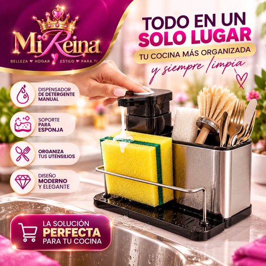 Organizador de Lavaplatos en Acero Inoxidable con Dispensador de Jabón y Porta Esponja